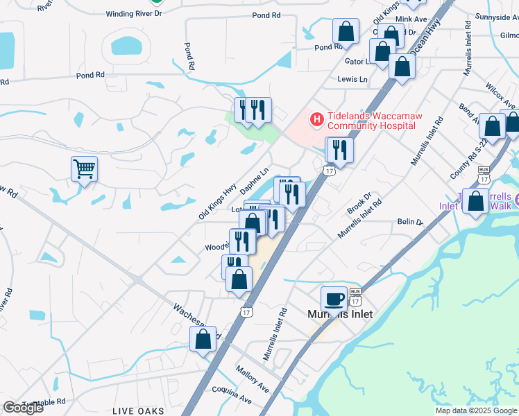 map of restaurants, bars, coffee shops, grocery stores, and more near 4310 Lotus Court in Murrells Inlet