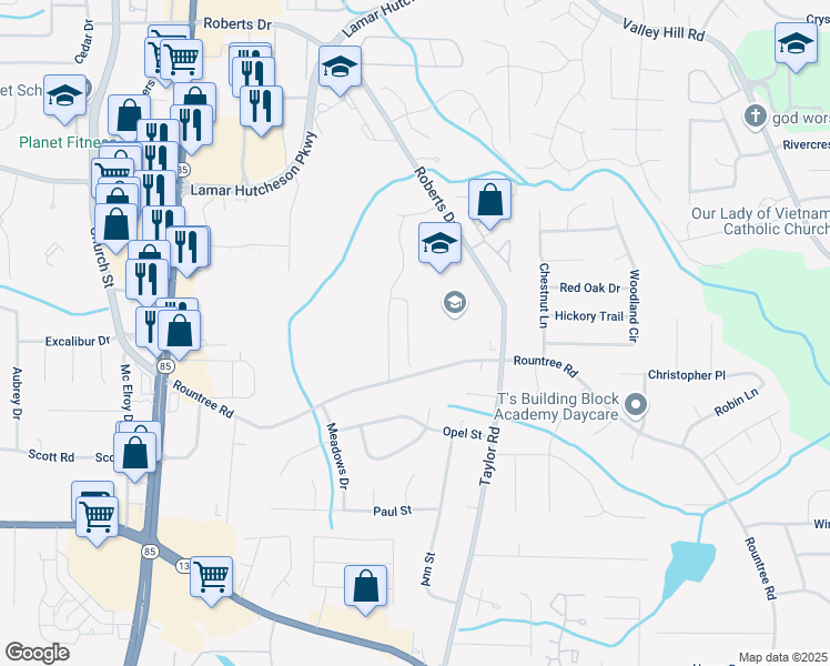map of restaurants, bars, coffee shops, grocery stores, and more near 7262 Sandpiper Way in Riverdale