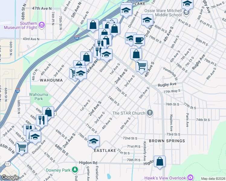map of restaurants, bars, coffee shops, grocery stores, and more near 7414 2nd Avenue South in Birmingham