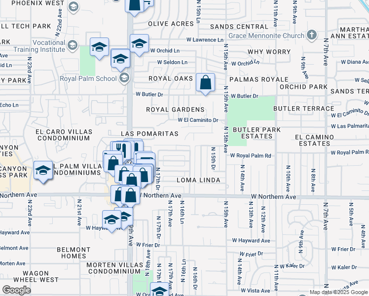 map of restaurants, bars, coffee shops, grocery stores, and more near 1638 West Griswold Road in Phoenix