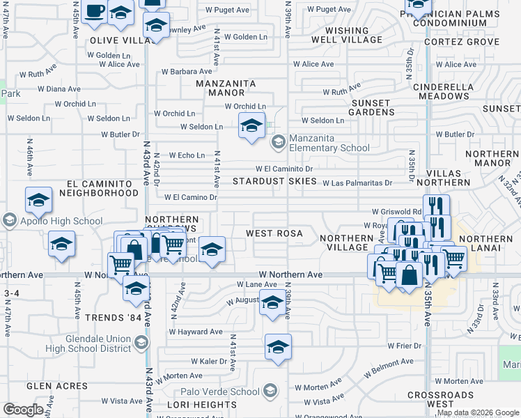 map of restaurants, bars, coffee shops, grocery stores, and more near 3938 West Griswold Road in Phoenix
