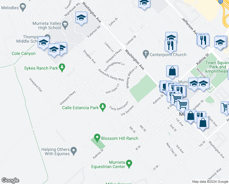 map of restaurants, bars, coffee shops, grocery stores, and more near 42288 Iron Gate Lane in Murrieta