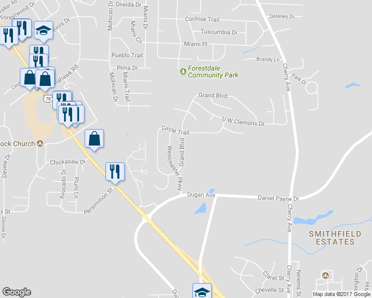 map of restaurants, bars, coffee shops, grocery stores, and more near 1129 Grand Boulevard in Birmingham