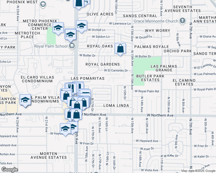 map of restaurants, bars, coffee shops, grocery stores, and more near 1638 West Griswold Road in Phoenix