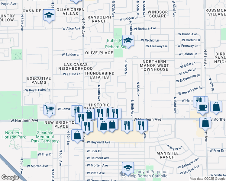 map of restaurants, bars, coffee shops, grocery stores, and more near 5701 West Royal Palm Road in Glendale