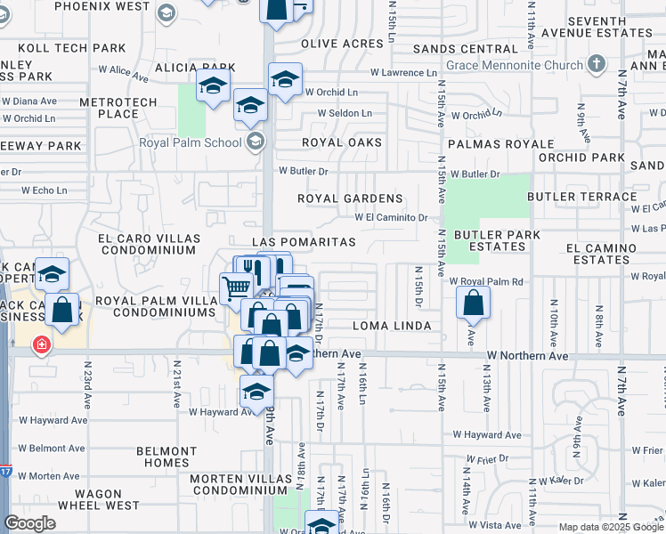 map of restaurants, bars, coffee shops, grocery stores, and more near 1720 West Griswold Road in Phoenix
