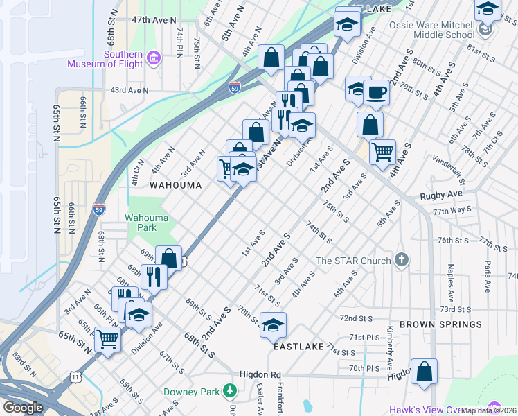 map of restaurants, bars, coffee shops, grocery stores, and more near 7305 Division Avenue in Birmingham