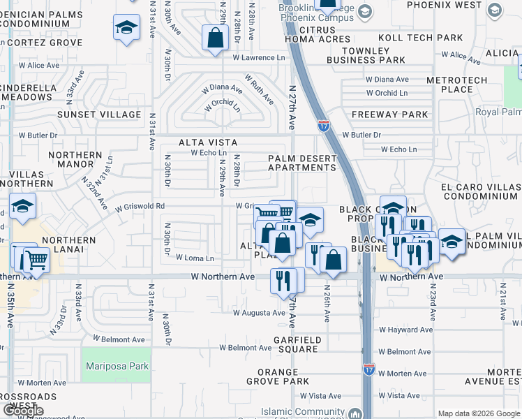 map of restaurants, bars, coffee shops, grocery stores, and more near 2739 West Griswold Road in Phoenix