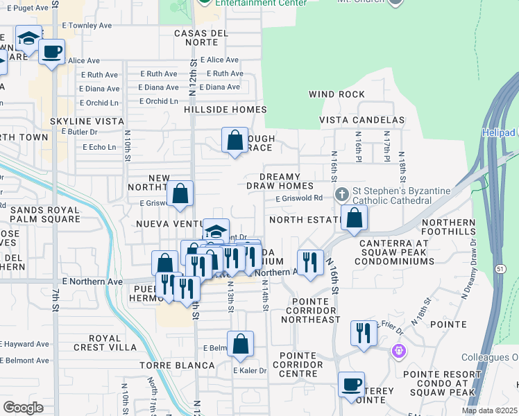 map of restaurants, bars, coffee shops, grocery stores, and more near 8151 North 13th Way in Phoenix