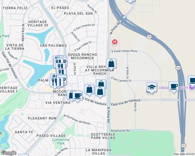 map of restaurants, bars, coffee shops, grocery stores, and more near 8651 East Royal Palm Road in Scottsdale