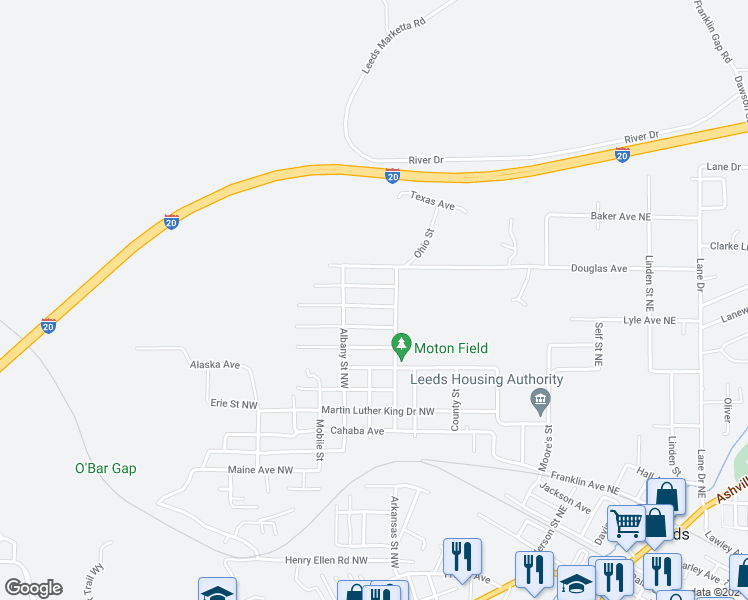 map of restaurants, bars, coffee shops, grocery stores, and more near 7674 Georgia Avenue in Leeds