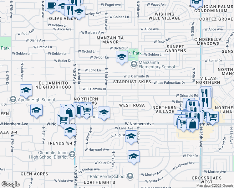 map of restaurants, bars, coffee shops, grocery stores, and more near 4020 West Griswold Road in Phoenix