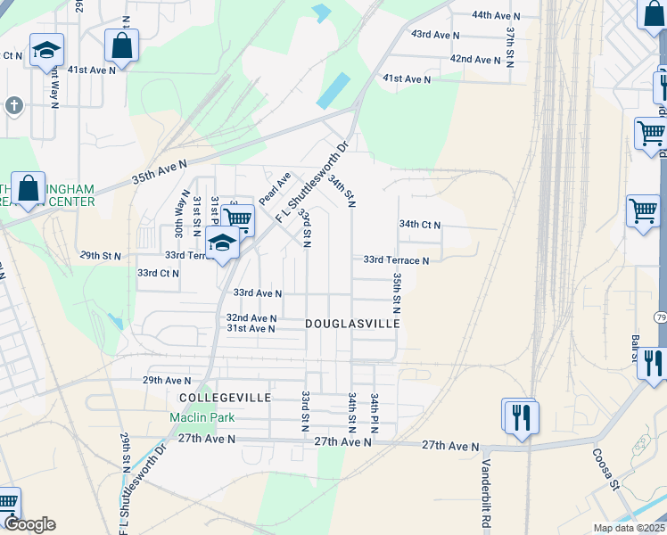 map of restaurants, bars, coffee shops, grocery stores, and more near 3329 33rd Place North in Birmingham