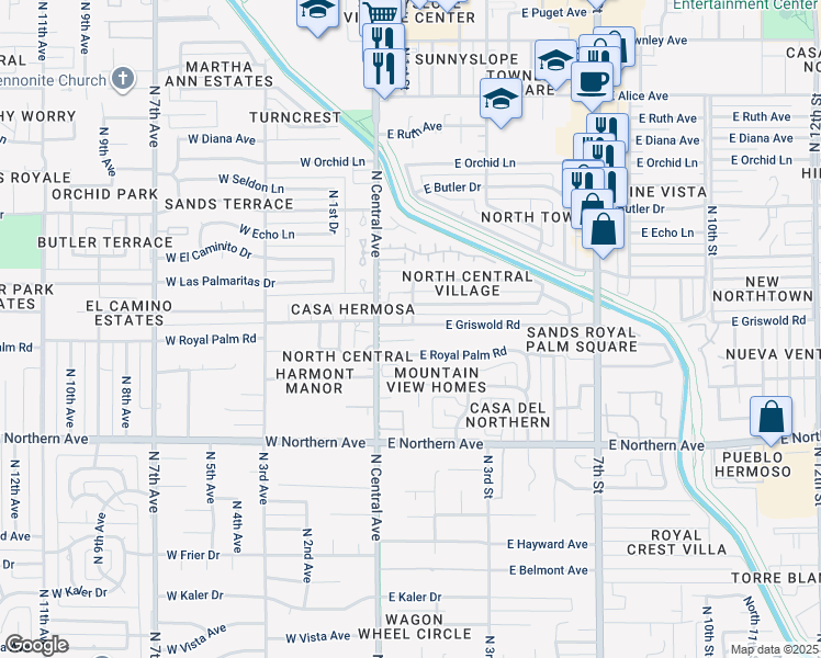 map of restaurants, bars, coffee shops, grocery stores, and more near 21 East Griswold Road in Phoenix