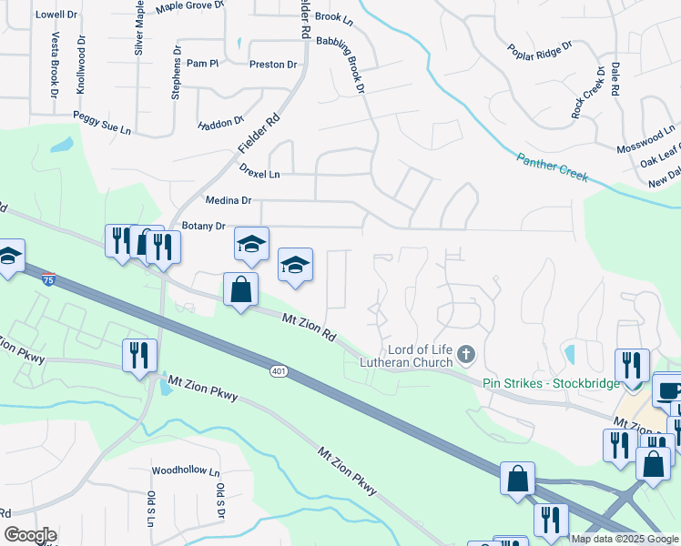 map of restaurants, bars, coffee shops, grocery stores, and more near 7233 Mountain Laurel Way in Stockbridge