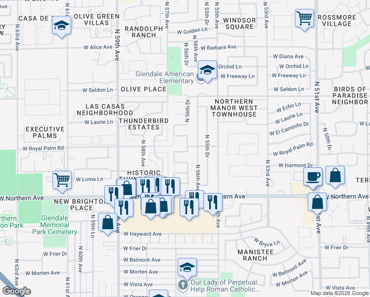 map of restaurants, bars, coffee shops, grocery stores, and more near 5650 West Harmont Drive in Glendale