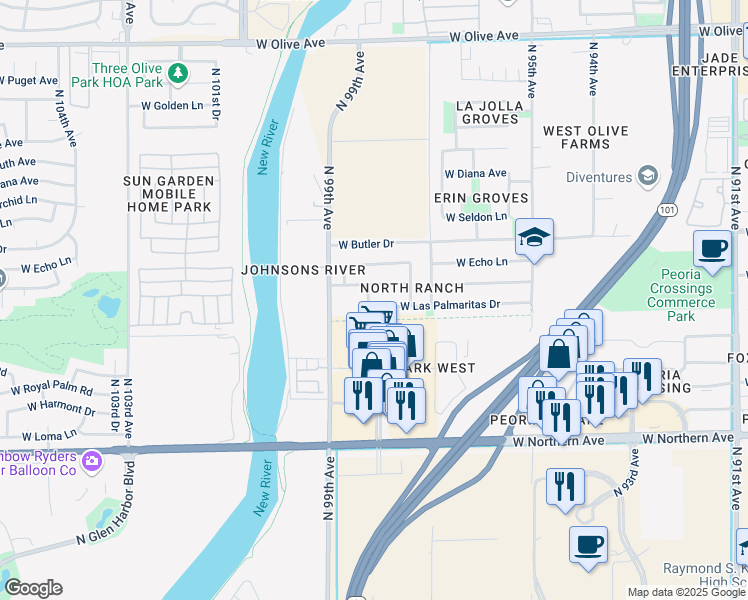 map of restaurants, bars, coffee shops, grocery stores, and more near 9824 West Las Palmaritas Drive in Peoria