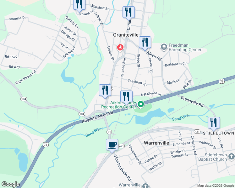 map of restaurants, bars, coffee shops, grocery stores, and more near 318 Main Street in Graniteville