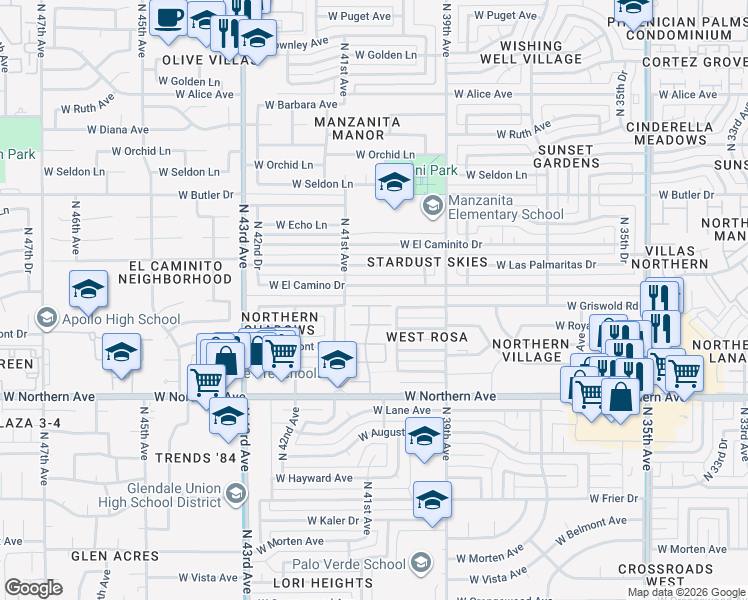 map of restaurants, bars, coffee shops, grocery stores, and more near 4020 West Griswold Road in Phoenix