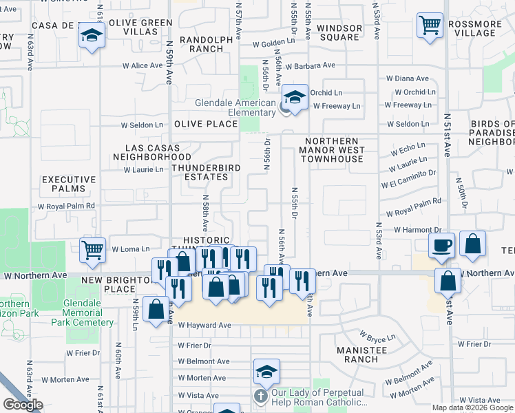map of restaurants, bars, coffee shops, grocery stores, and more near 5650 West Harmont Drive in Glendale