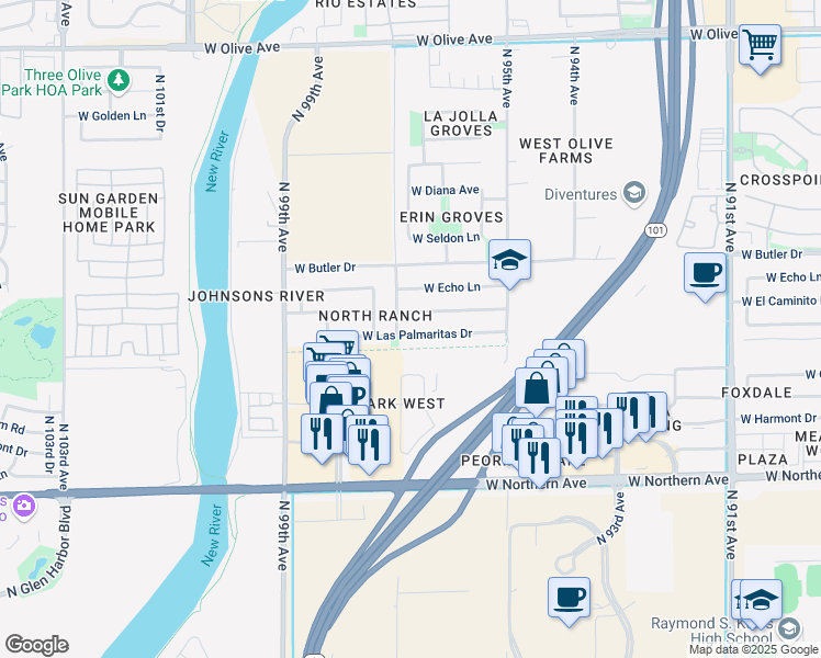 map of restaurants, bars, coffee shops, grocery stores, and more near 9638 West Las Palmaritas Drive in Peoria