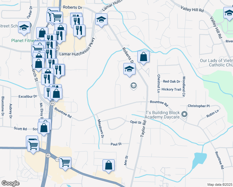 map of restaurants, bars, coffee shops, grocery stores, and more near 7270 Williamsburg Drive in Riverdale