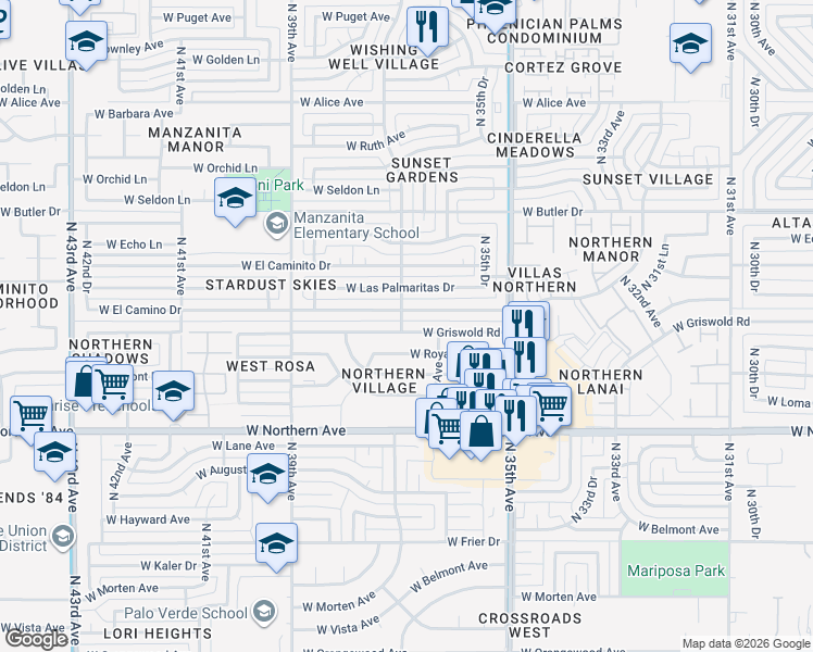 map of restaurants, bars, coffee shops, grocery stores, and more near 3628 West Griswold Road in Phoenix