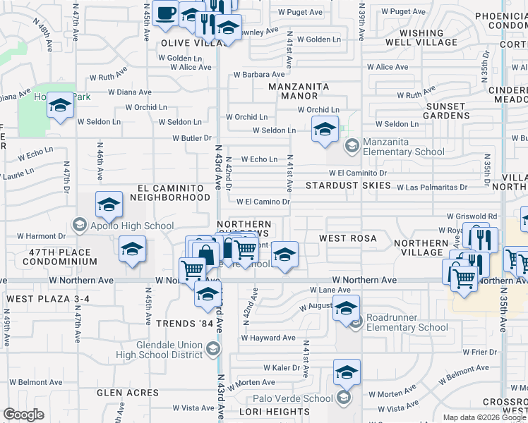 map of restaurants, bars, coffee shops, grocery stores, and more near 4141 West Griswold Road in Phoenix