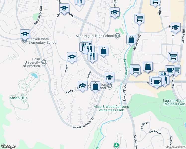 map of restaurants, bars, coffee shops, grocery stores, and more near 7 Alegre in Aliso Viejo