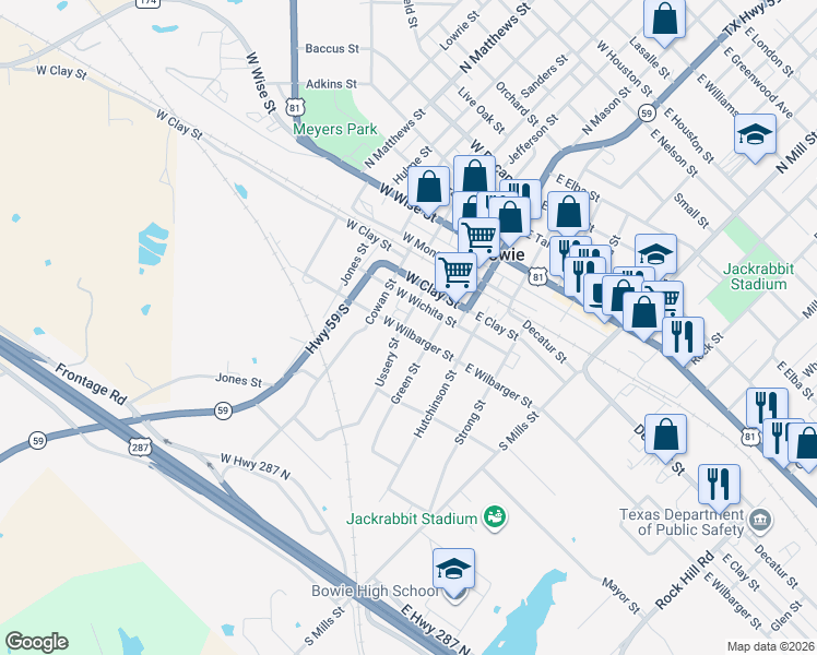 map of restaurants, bars, coffee shops, grocery stores, and more near 219 West Wilbarger Street in Bowie
