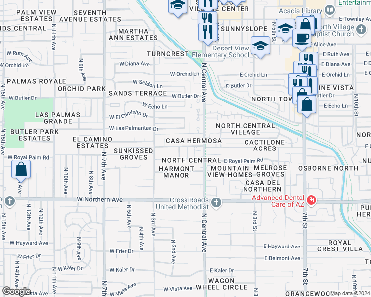 map of restaurants, bars, coffee shops, grocery stores, and more near 8162 North 1st Avenue in Phoenix