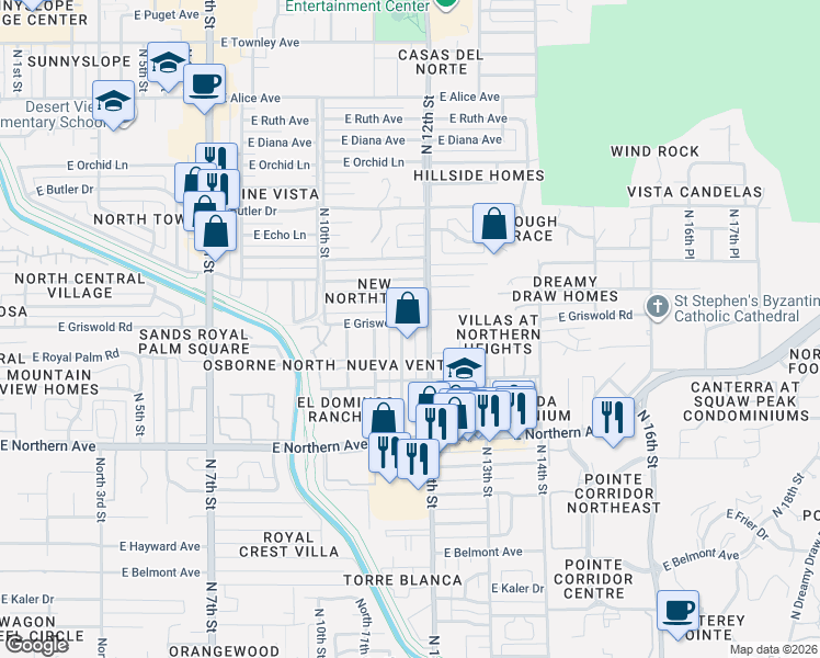 map of restaurants, bars, coffee shops, grocery stores, and more near 8141 North 11th Place in Phoenix