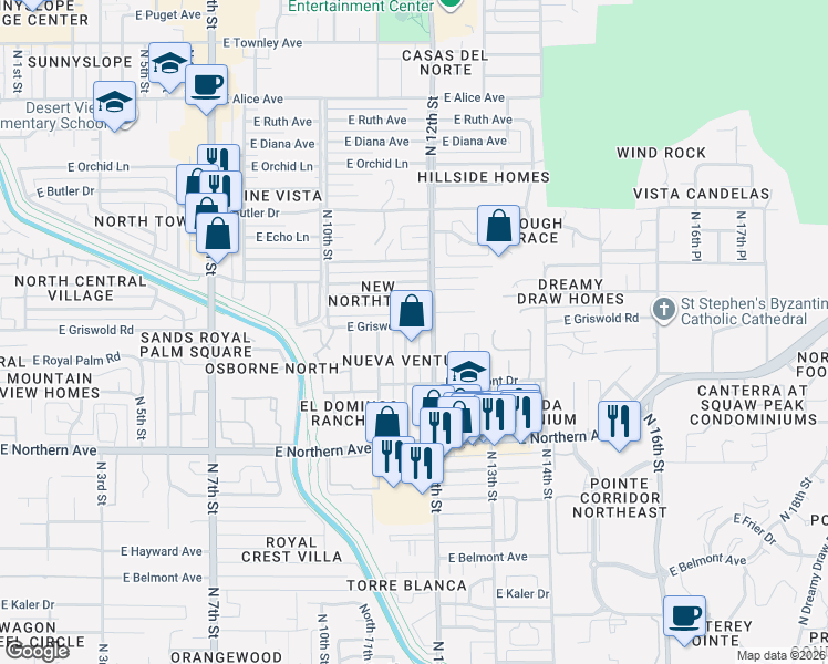 map of restaurants, bars, coffee shops, grocery stores, and more near 8141 North 11th Place in Phoenix
