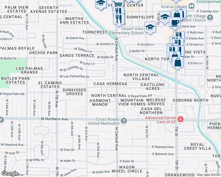 map of restaurants, bars, coffee shops, grocery stores, and more near 8162 North 1st Avenue in Phoenix