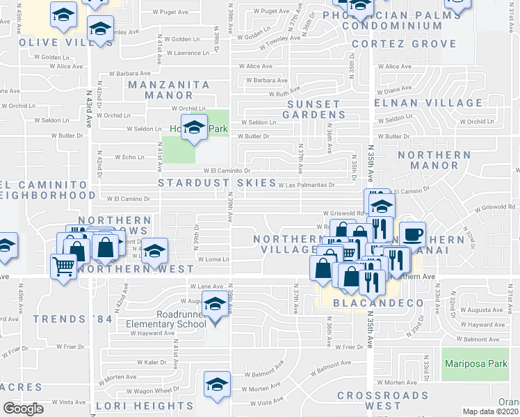 map of restaurants, bars, coffee shops, grocery stores, and more near 3808 West Griswold Road in Phoenix