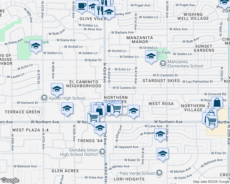 map of restaurants, bars, coffee shops, grocery stores, and more near 4224 West Griswold Road in Phoenix