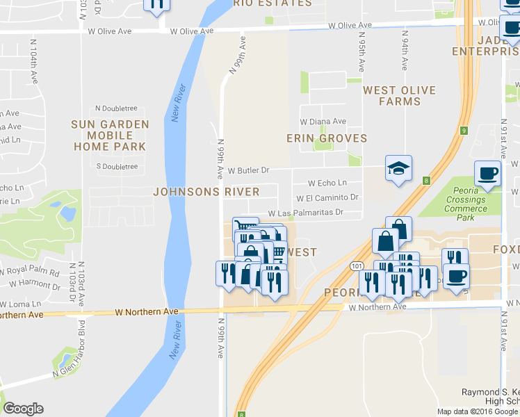 map of restaurants, bars, coffee shops, grocery stores, and more near 9824 West Las Palmaritas Drive in Peoria