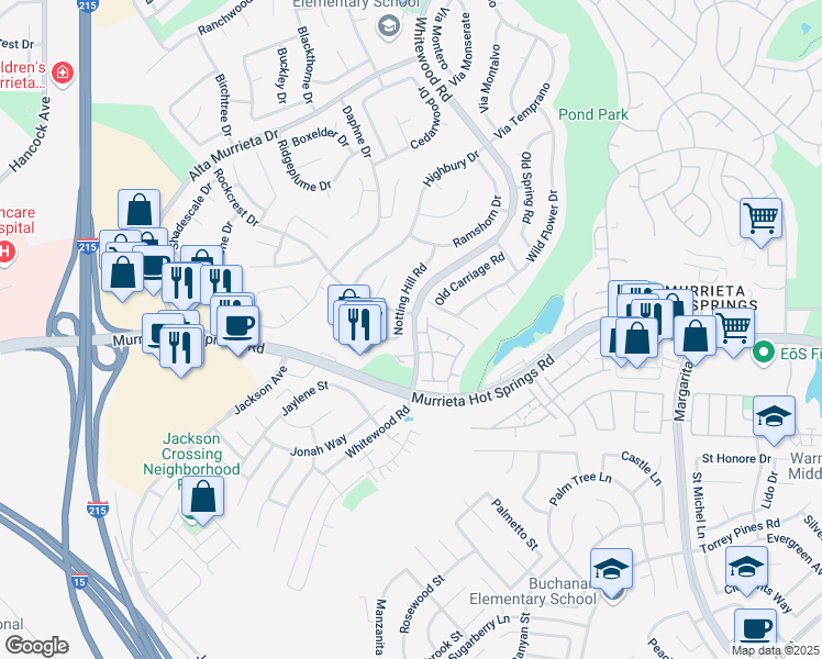 map of restaurants, bars, coffee shops, grocery stores, and more near 39928 Nottinghill Road in Murrieta