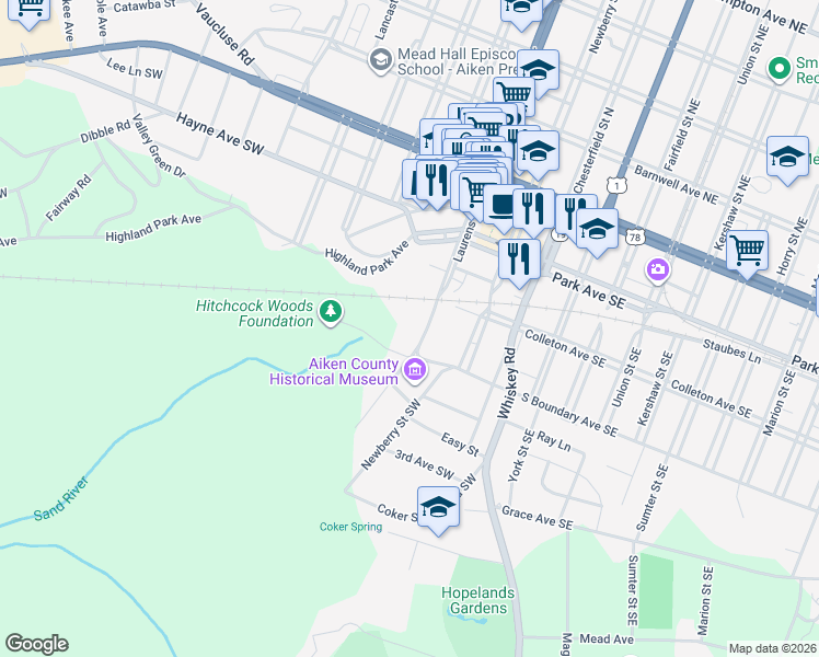 map of restaurants, bars, coffee shops, grocery stores, and more near 333 Laurens Street Southwest in Aiken