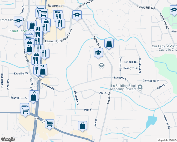 map of restaurants, bars, coffee shops, grocery stores, and more near 7270 Williamsburg Drive in Riverdale