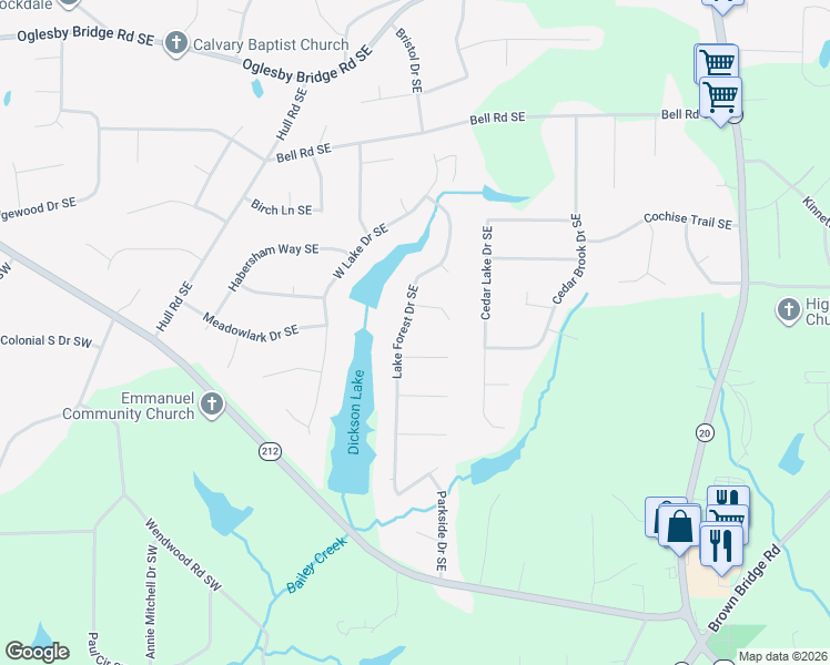 map of restaurants, bars, coffee shops, grocery stores, and more near 4956 Lake Forest Drive Southeast in Conyers