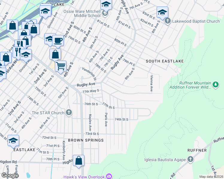map of restaurants, bars, coffee shops, grocery stores, and more near 756 Vanderbilt Street in Birmingham