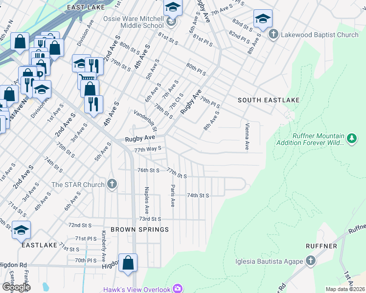 map of restaurants, bars, coffee shops, grocery stores, and more near 756 Vanderbilt Street in Birmingham