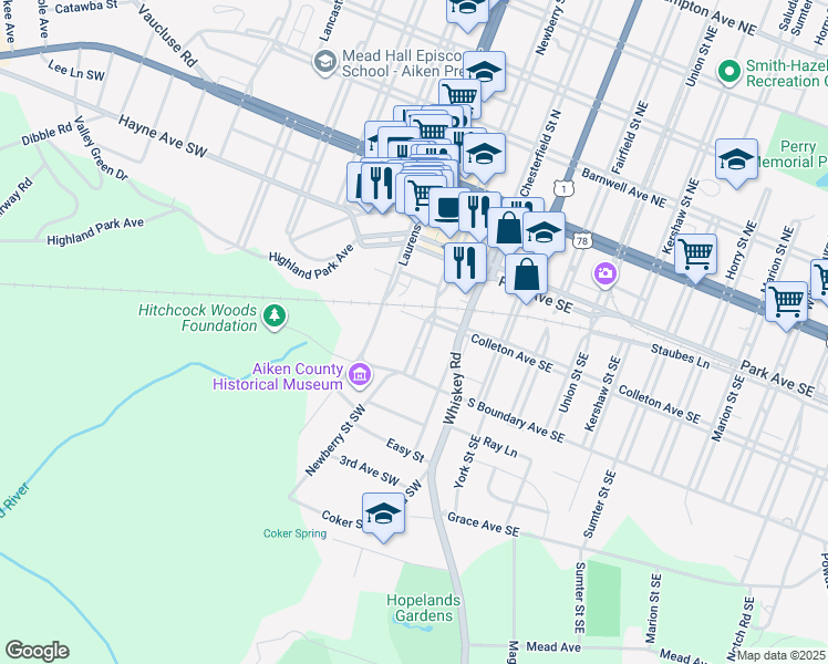 map of restaurants, bars, coffee shops, grocery stores, and more near 315 Newberry Street Southwest in Aiken