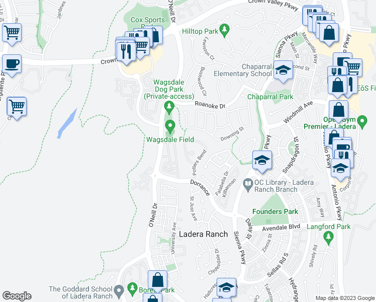 map of restaurants, bars, coffee shops, grocery stores, and more near 1 Flowerdale in Mission Viejo