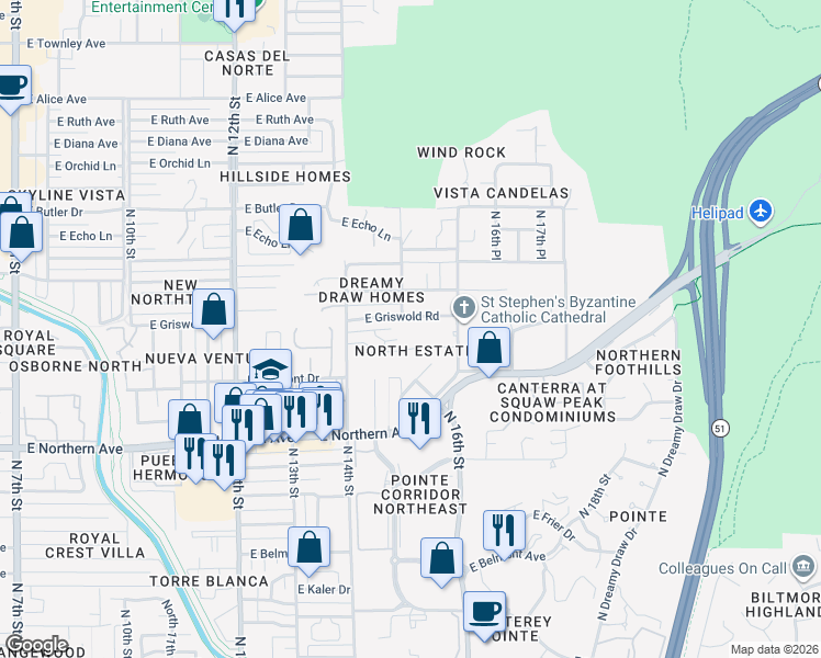 map of restaurants, bars, coffee shops, grocery stores, and more near 1513 East Griswold Road in Phoenix