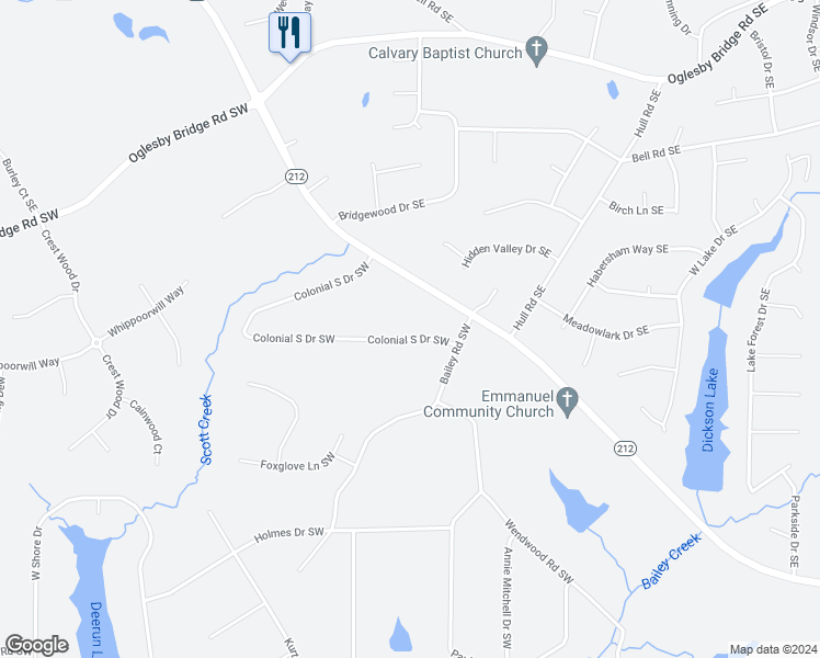 map of restaurants, bars, coffee shops, grocery stores, and more near 1629 Colonial South Drive Southwest in Conyers