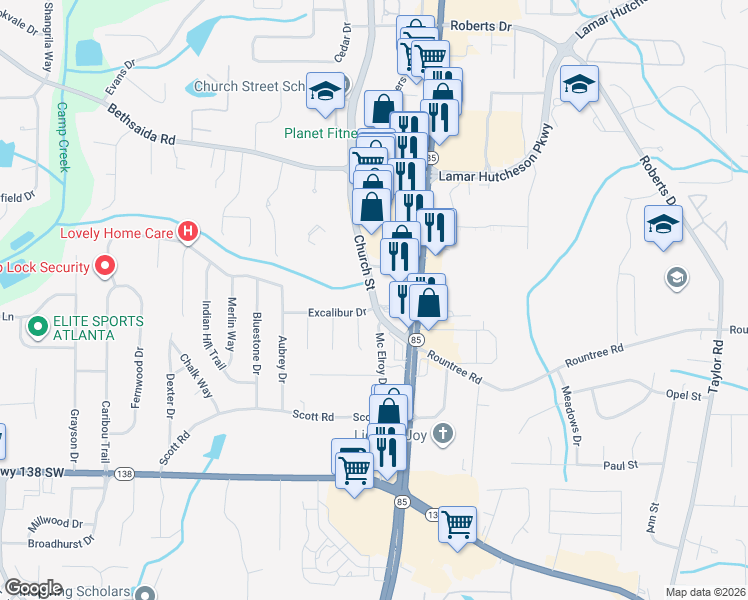 map of restaurants, bars, coffee shops, grocery stores, and more near 7200 Church Street in Riverdale