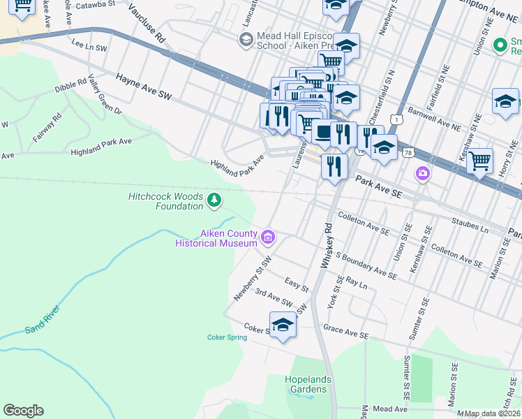 map of restaurants, bars, coffee shops, grocery stores, and more near 333 Laurens Street Southwest in Aiken