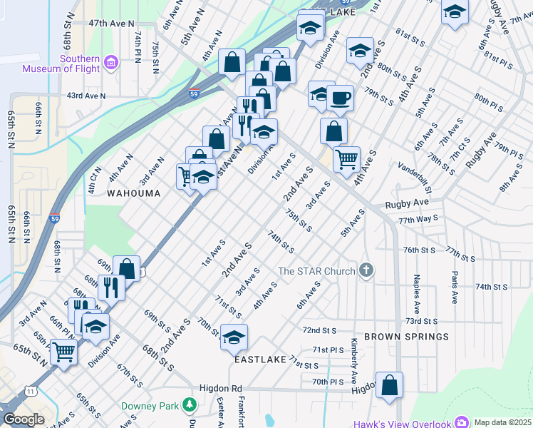 map of restaurants, bars, coffee shops, grocery stores, and more near 7414 2nd Avenue South in Birmingham